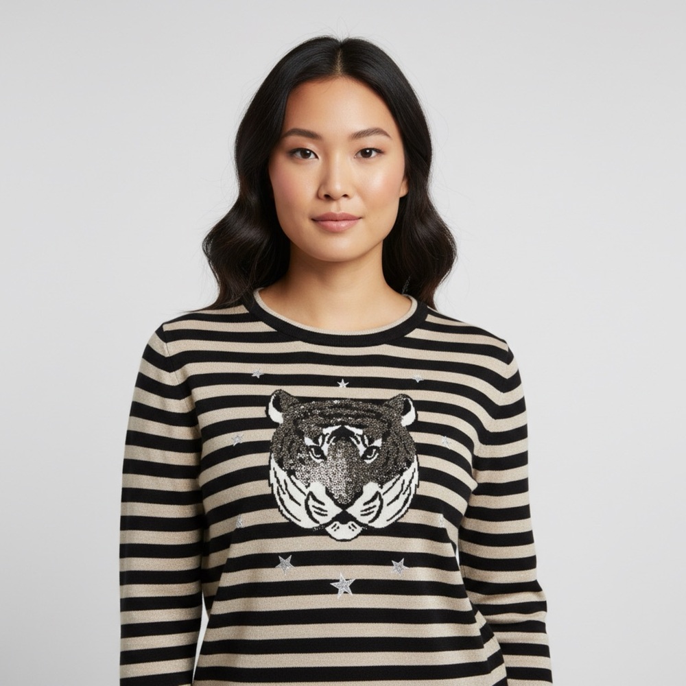 Gap black/gold striped sweater tiger face size large